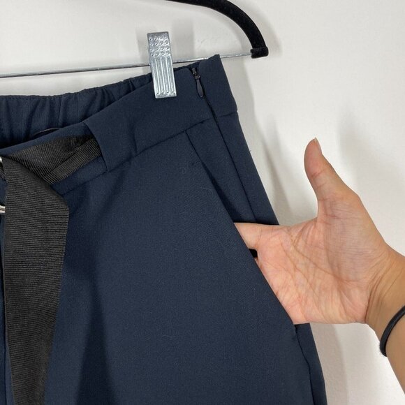 zara navy blue belted pants size M cuffed hems tapered leg elastic waist pockets - Picture 7 of 8